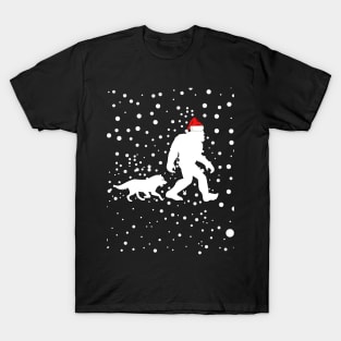 Bigfoot wearing a Santa Claus hat with a wolf  Christmas Gift T-Shirt